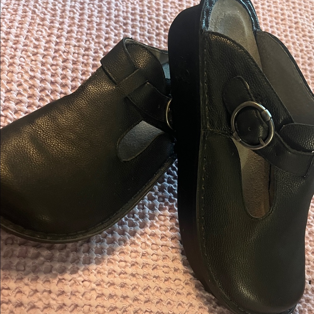 Alegria Black Leather Mules with Buckle